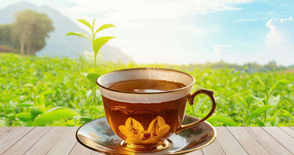 A steaming cup of tea on a wooden table with a scenic English breakfast tea in the background under a bright blue sky