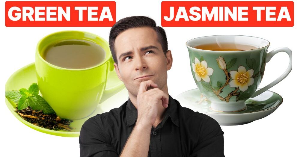 A man thinking between two types of tea—green tea in a bright green cup and jasmine tea in a floral teacup, with labels above each.