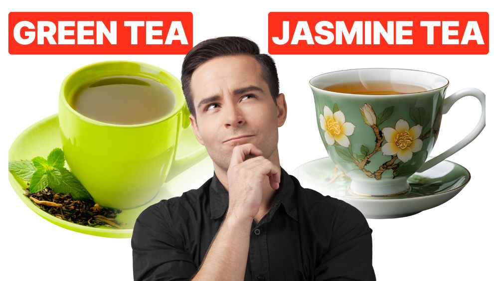 A man thinking between two types of tea—green tea in a bright green cup and jasmine tea in a floral teacup, with labels above each.