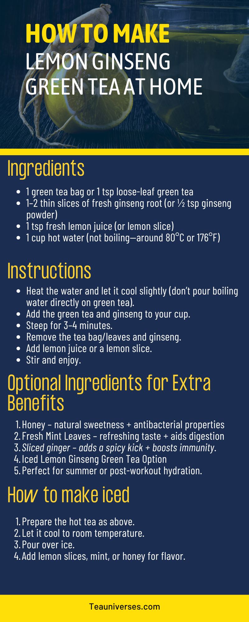 Step-by-step infographic showing how to make lemon ginseng green tea at home with ingredients, instructions, and iced tea tips