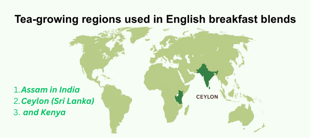 World map highlighting major tea-growing regions used in English breakfast tea: Assam in India, Ceylon in Sri Lanka, and Kenya.