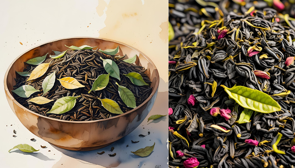 Assam, Ceylon, and Kenyan tea leaves in bowls