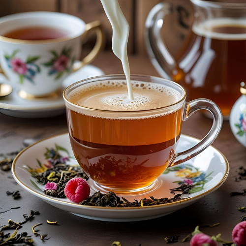 English breakfast tea in a porcelain cup with milk