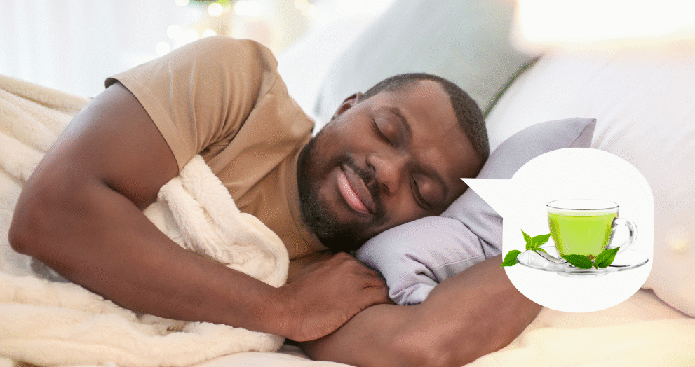 man is sleeping on bed happily and a cup of green tea linking to his mind