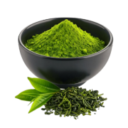 A bowl of green tea with leaves and powder